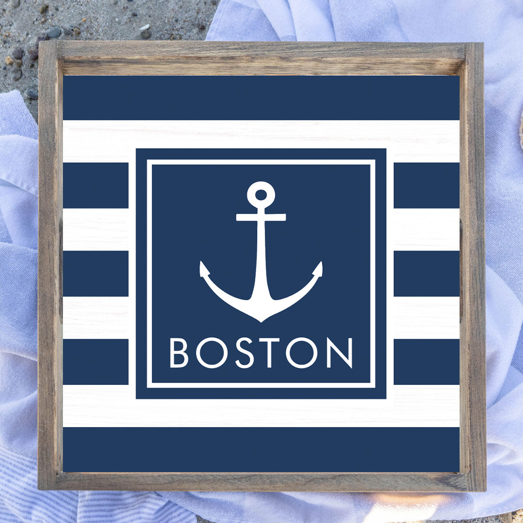 Personalized Navy Anchor Stripes Wooden Serving Tray