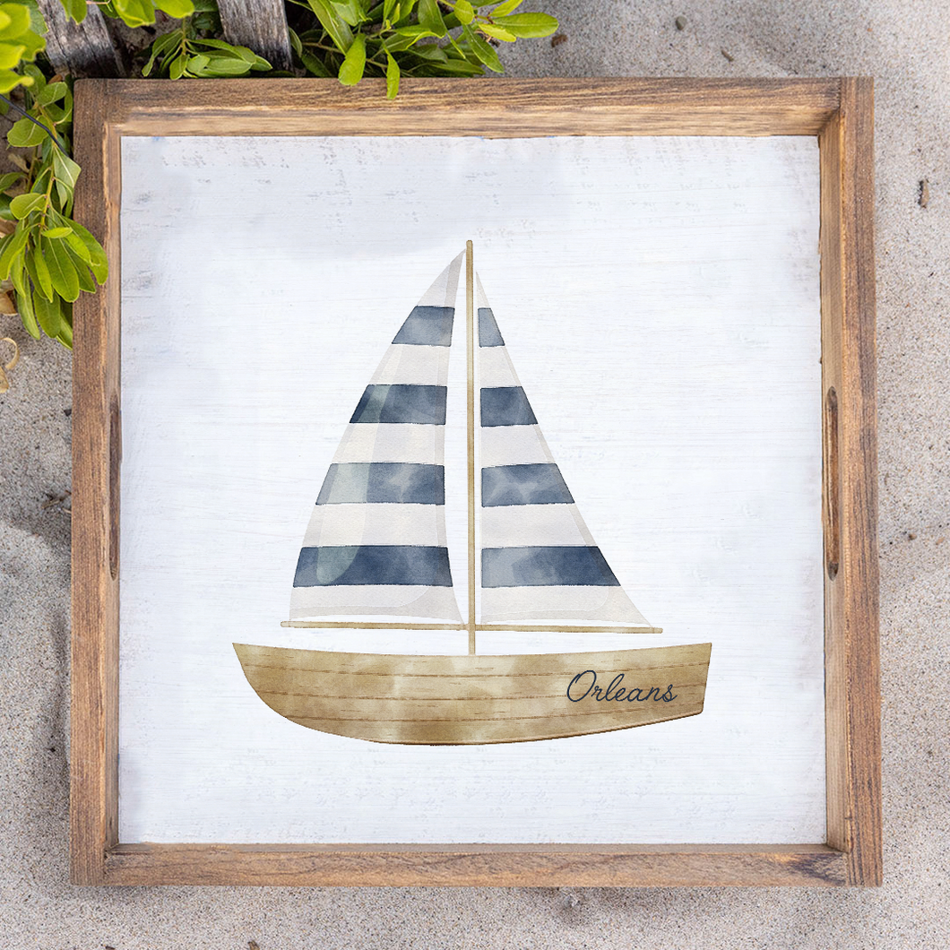 Personalized Watercolor Sailboat Wooden Serving Tray