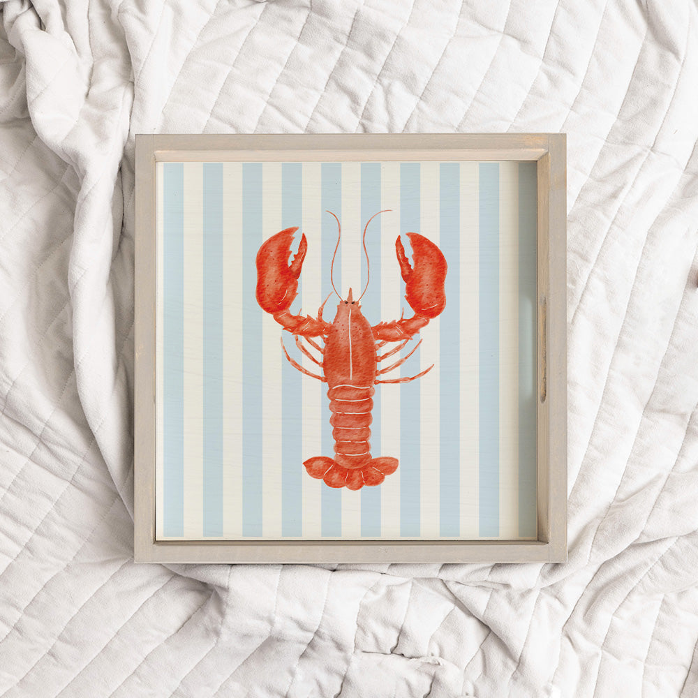 Blue Striped Watercolor Lobster Wooden Serving Tray