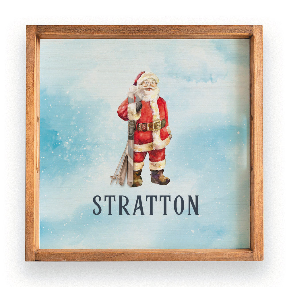 Vintage Ski Santa Personalized Wooden Serving Tray