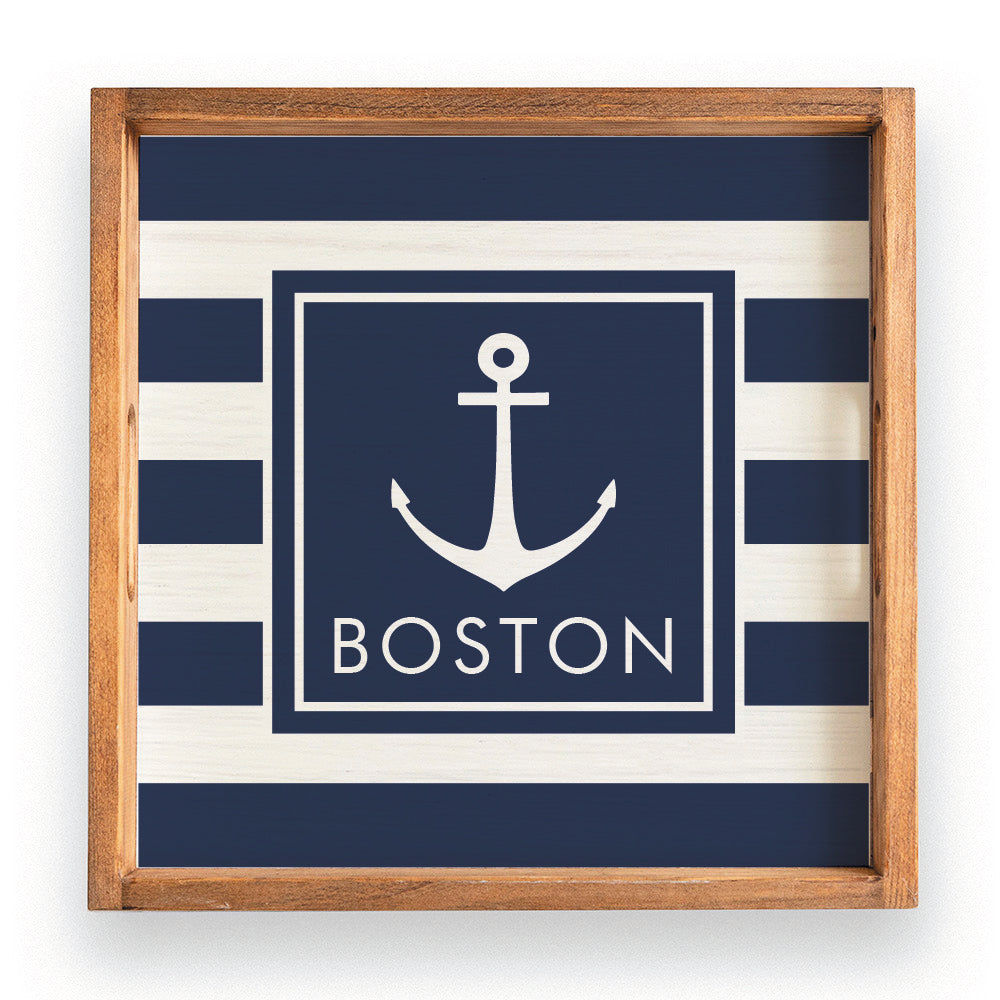 Navy Anchor Stripes Personalized Wooden Serving Tray