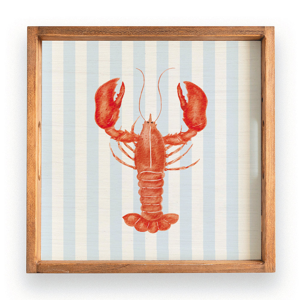Blue Striped Watercolor Lobster Wooden Serving Tray