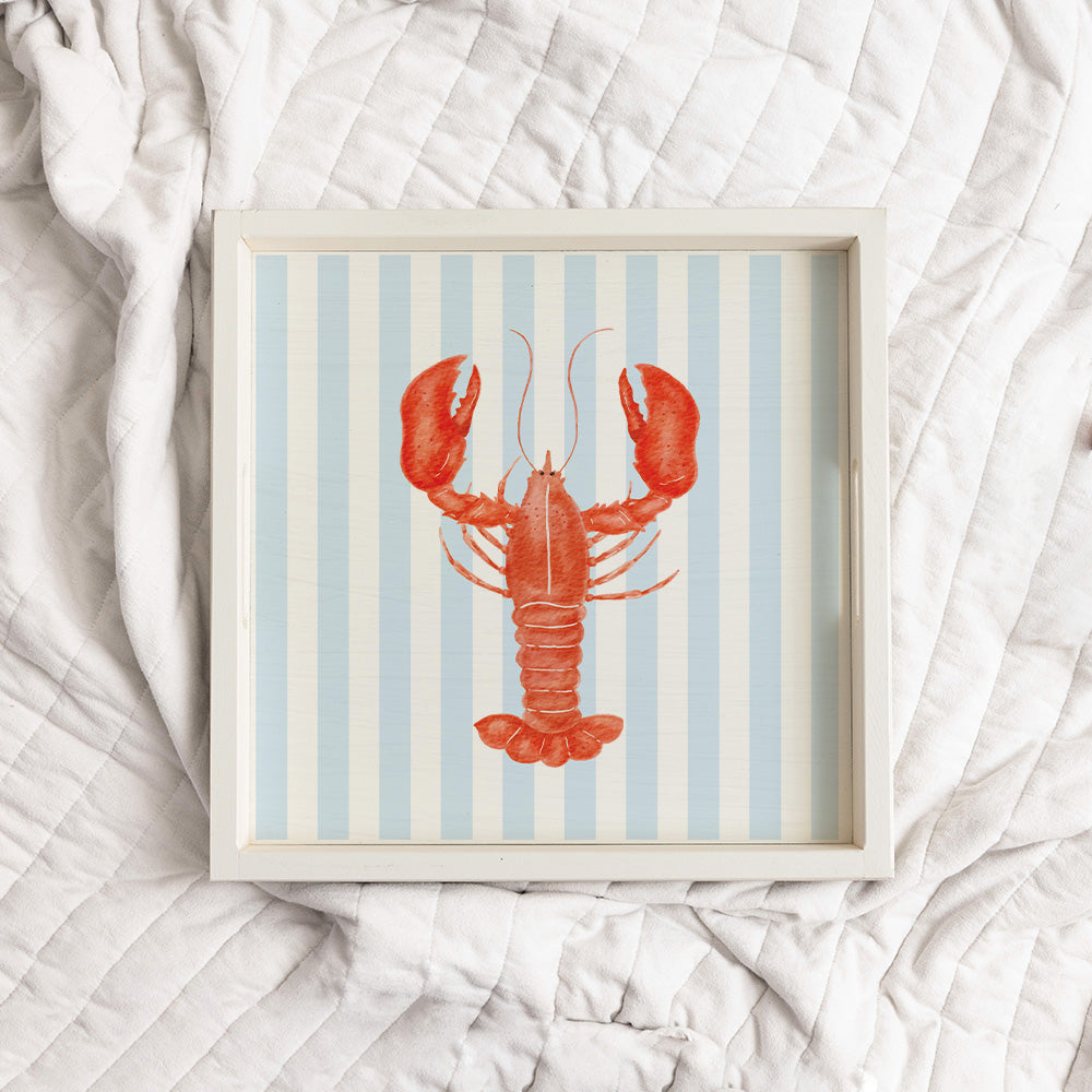 Blue Striped Watercolor Lobster Wooden Serving Tray