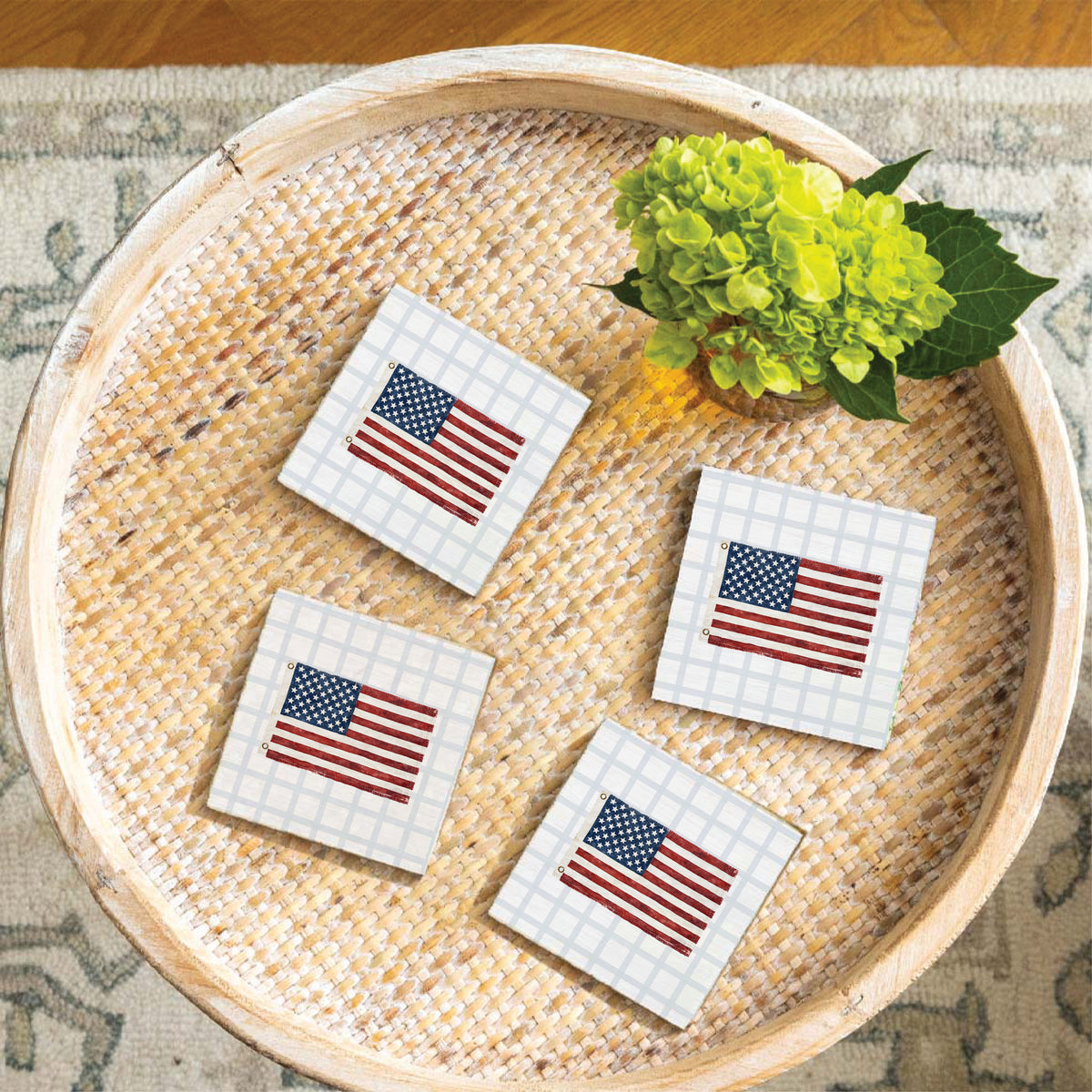 American Flag Blue Plaid Coaster Set