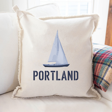 Load image into Gallery viewer, Personalized Indigo Sailboat Square Pillow
