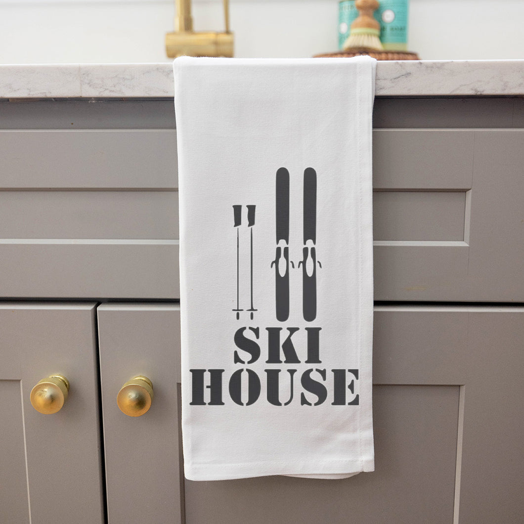 Ski House Black Tea Towel