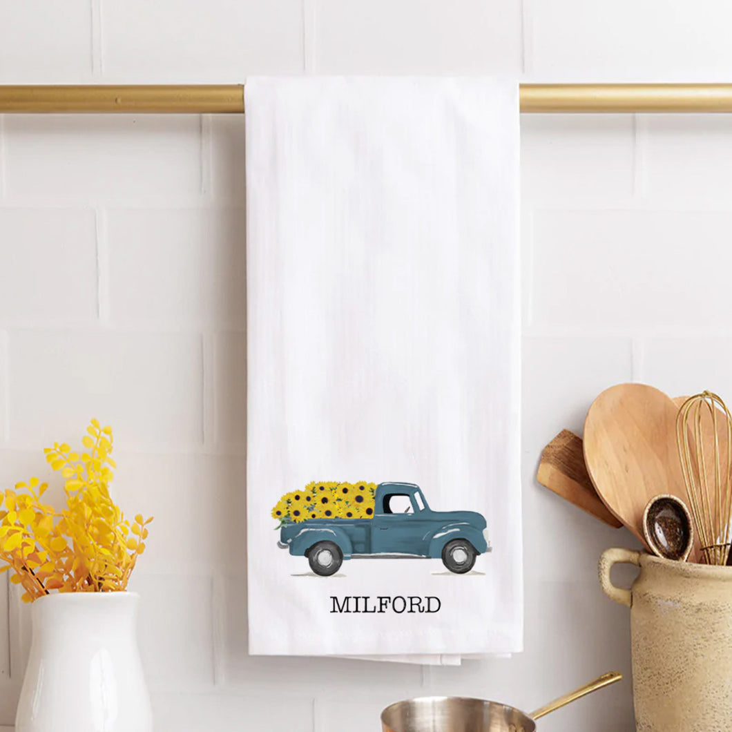 Personalized Sunflower Truck Tea Towel
