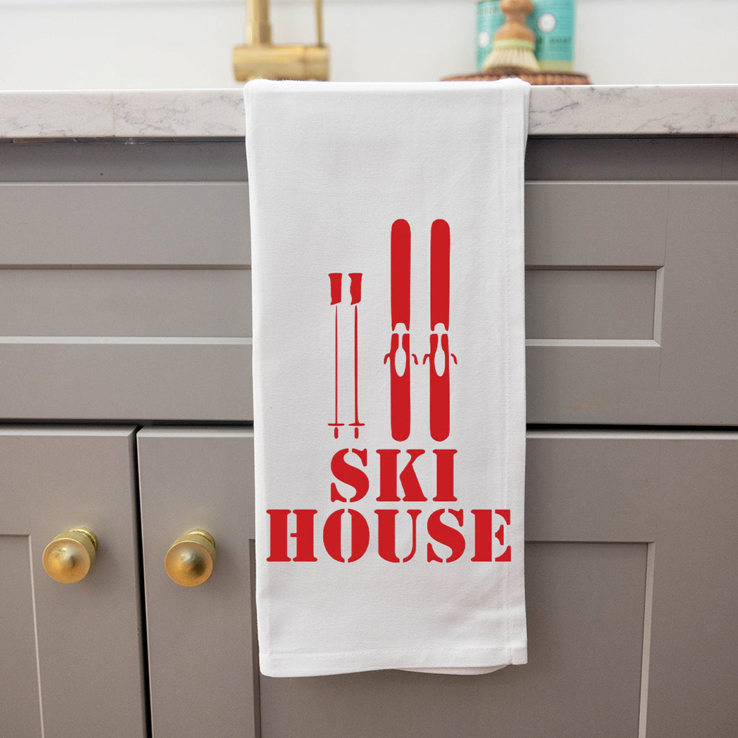 Ski House Red Tea Towel