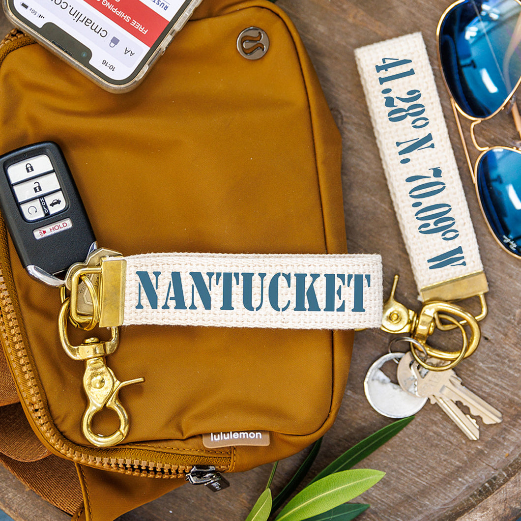 Nantucket Coordinates Nautical Blue Keychain