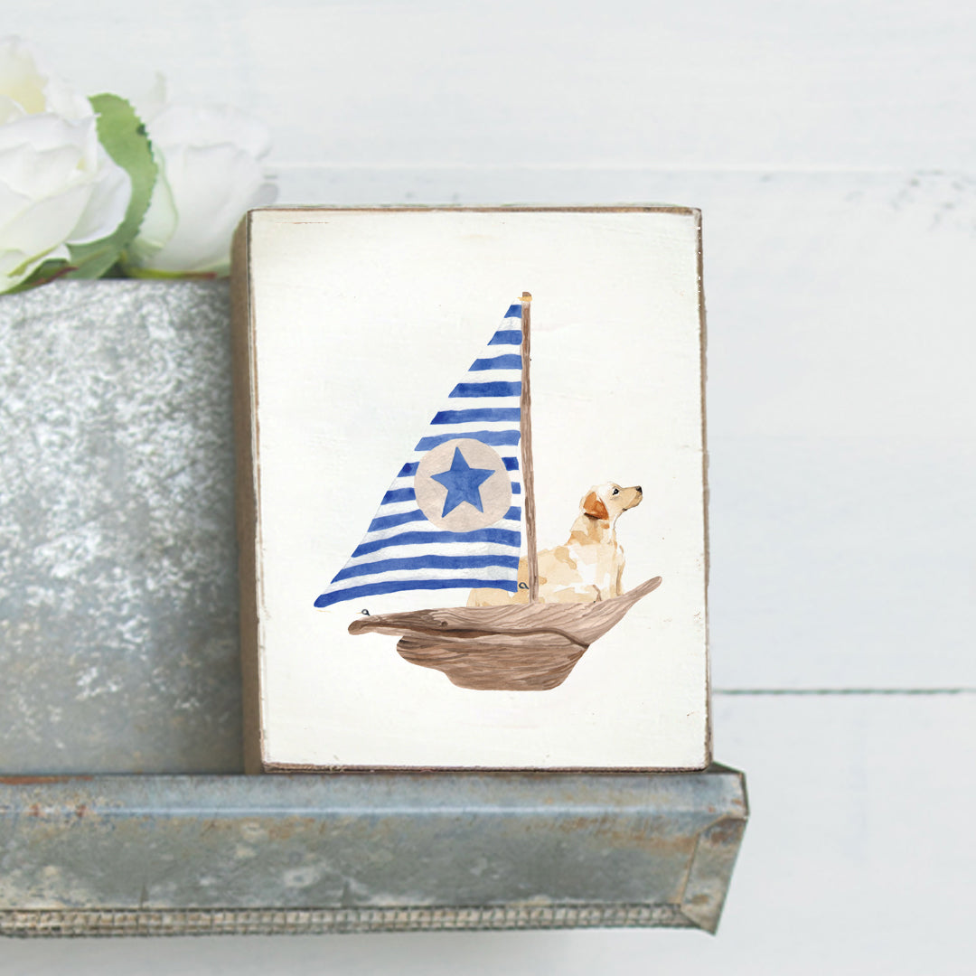 Watercolor Sailboat + Yellow Lab Decorative Wooden Block