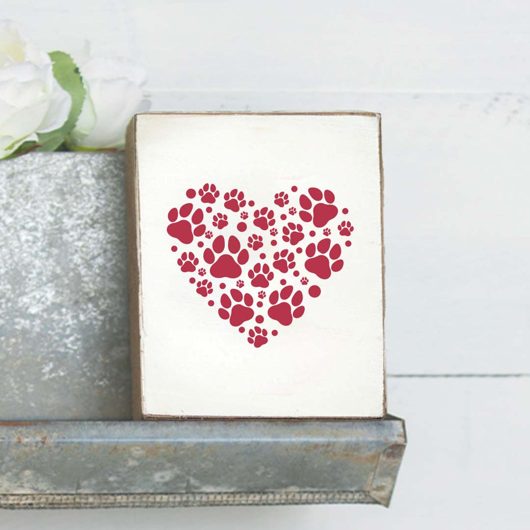 Paw Print Heart Decorative Wooden Block