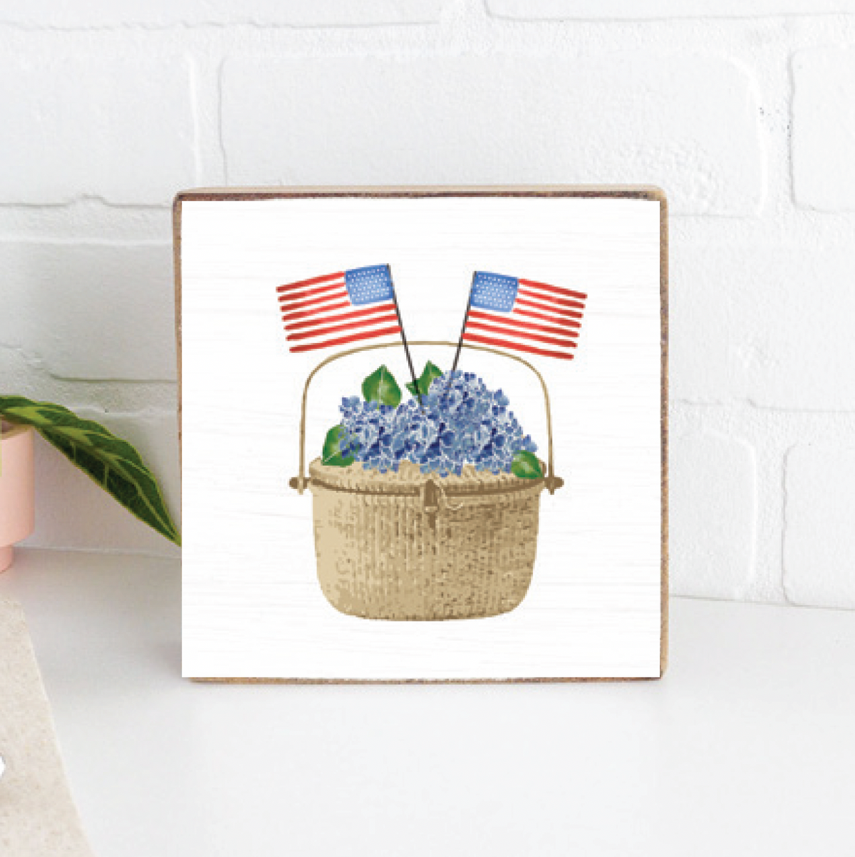 Flag Hydrangea Basket Decorative Wooden Block