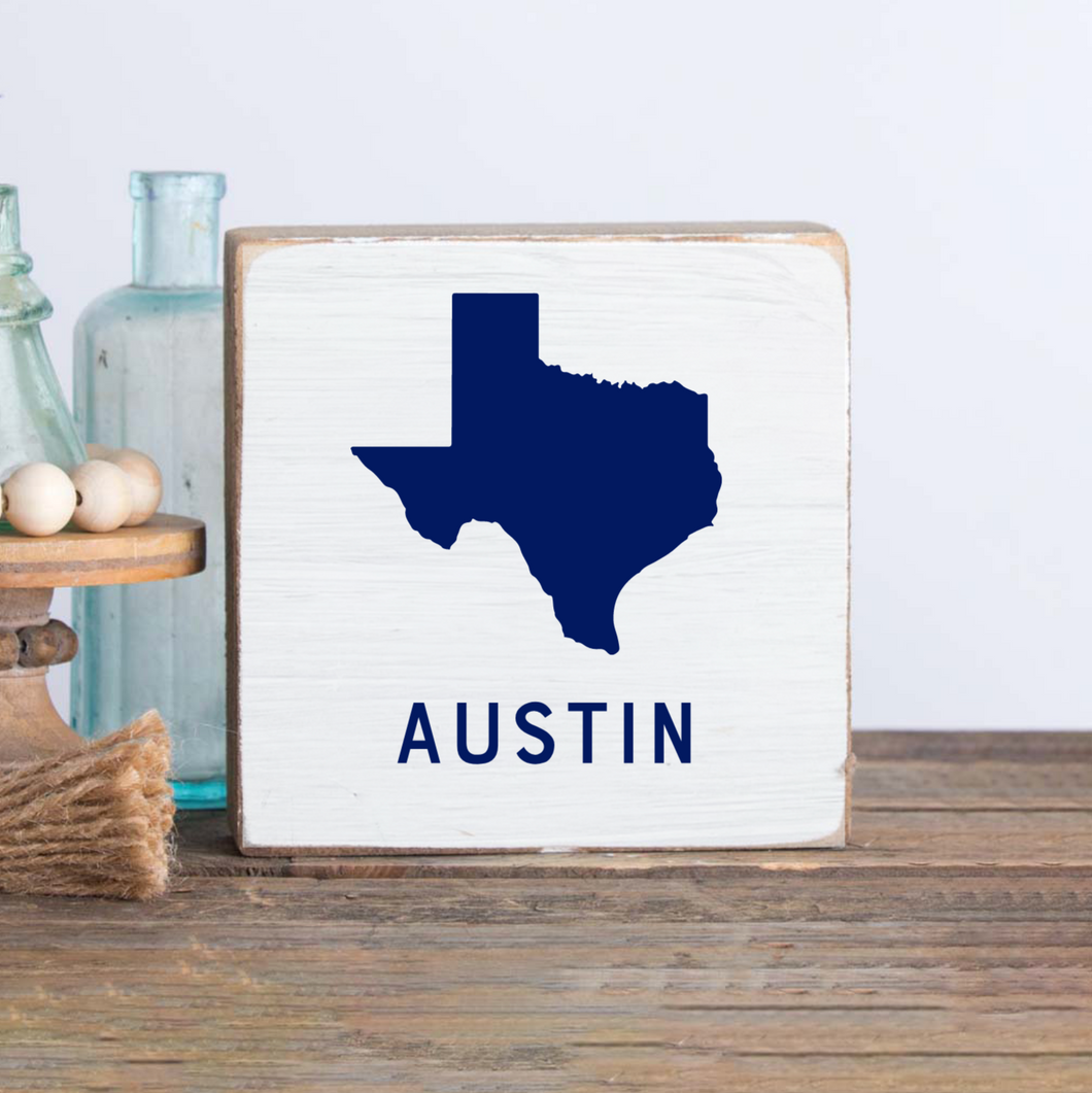 Personalized White With Deep Blue State Decorative Wooden Block