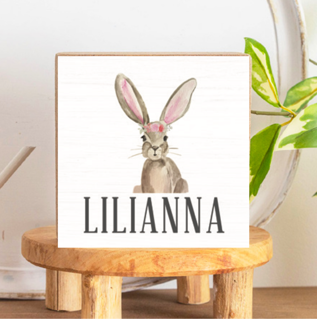 Personalized Floral Bunny Decorative Wooden Block
