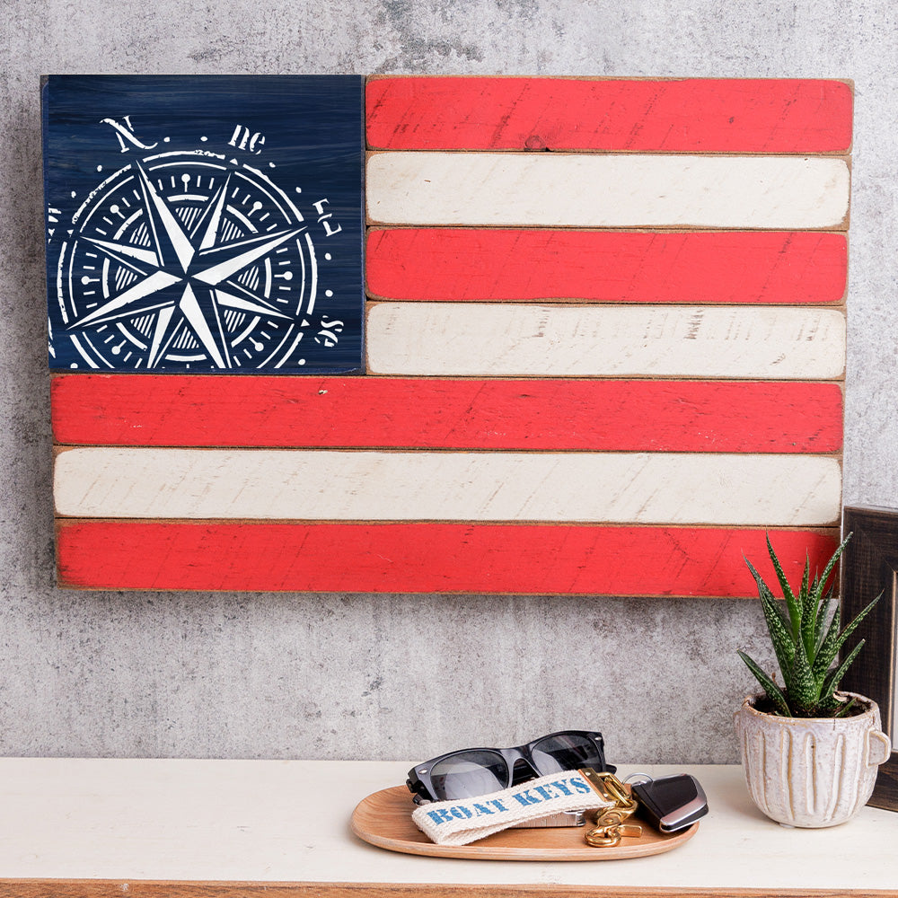 American flag wood store round sign