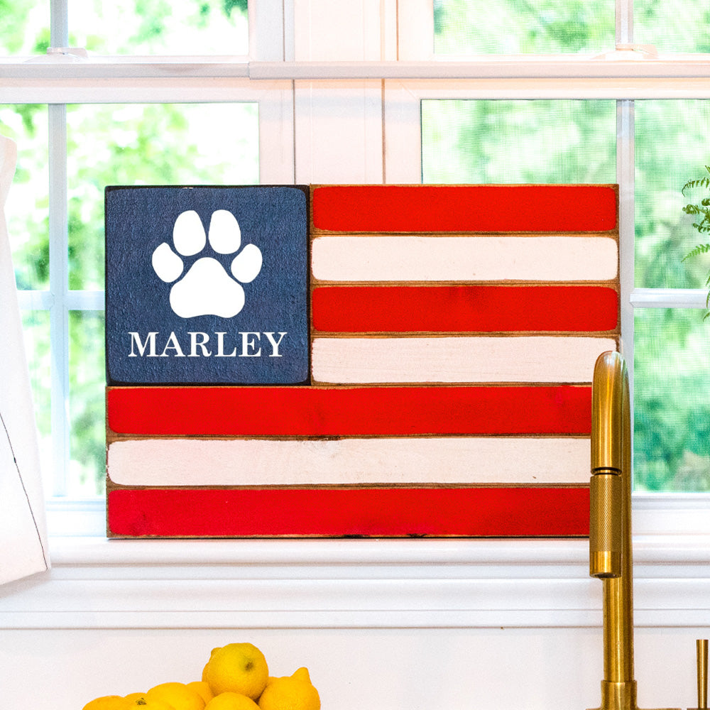 Personalized Paw Print Wooden American Flag