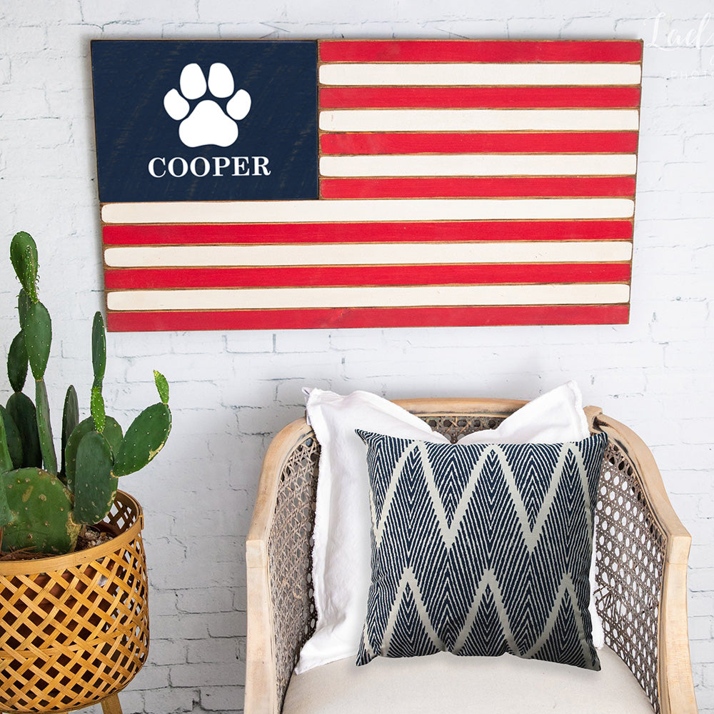 Personalized Paw Print Wooden American Flag