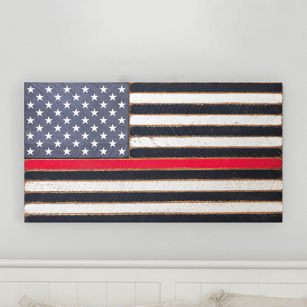 Thin Red Line Wooden American Flag