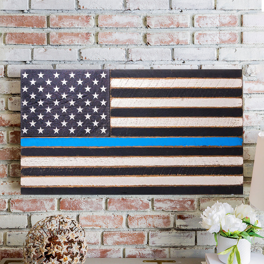 Thin Blue Line Wooden American Flag