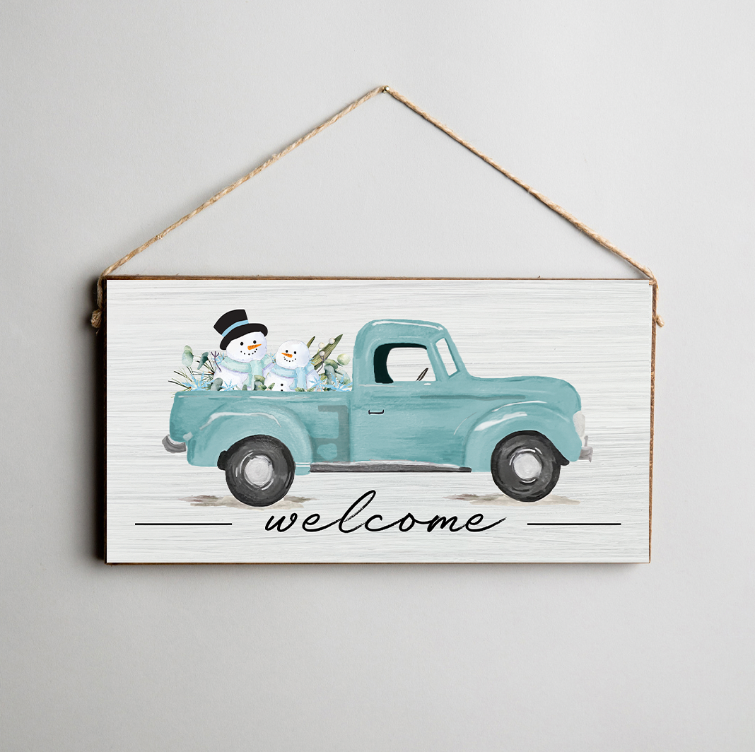 Snowmen Truck Twine Hanging Sign