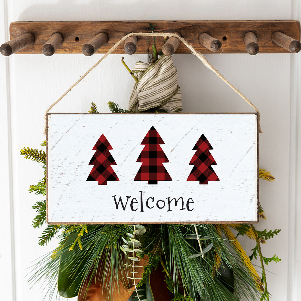 Welcome Plaid Trees Twine Hanging Sign