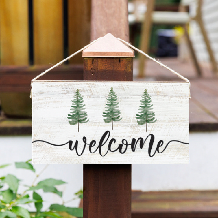 Welcome Watercolor Trees Twine Hanging Sign