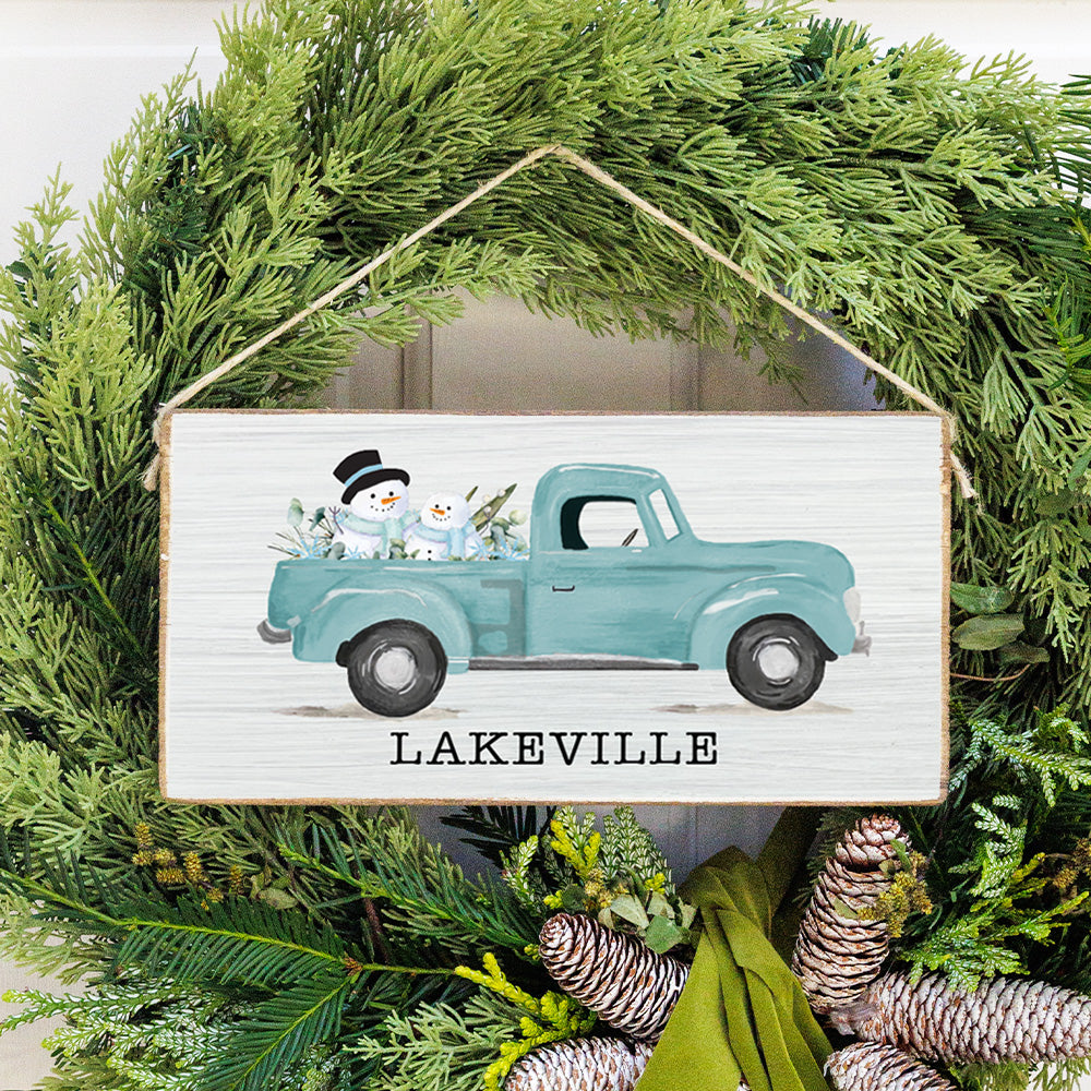 Personalized Snowmen Truck Twine Hanging Sign