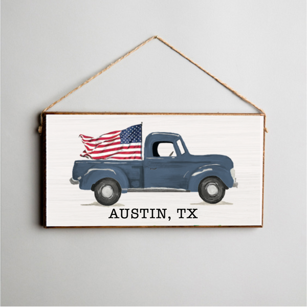 Personalized Flag Truck Twine Hanging Sign