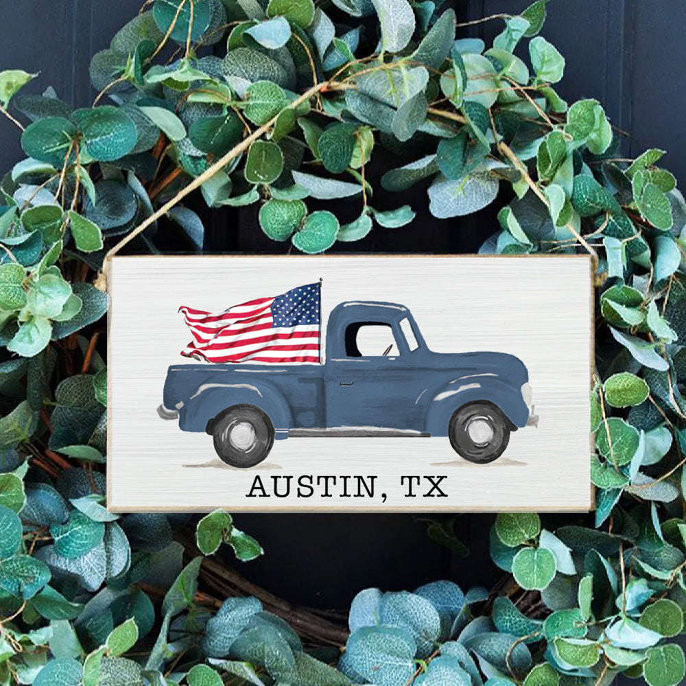 Personalized Flag Truck Twine Hanging Sign