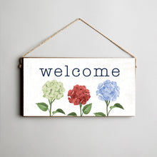 Load image into Gallery viewer, Welcome Patriotic Hydrangeas Twine Hanging Sign
