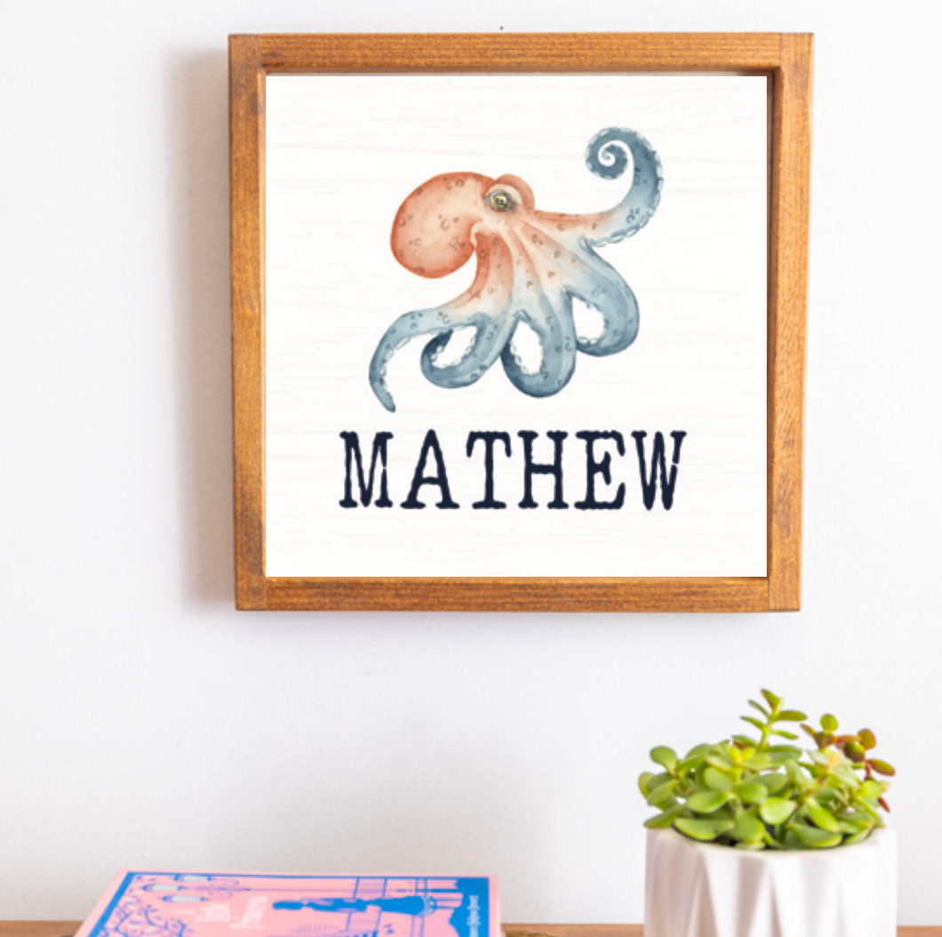Personalized Watercolor Octopus 12” x 12” Wall Art