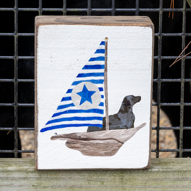 Watercolor Sailboat + Black Lab Decorative Wooden Block