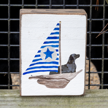 Load image into Gallery viewer, Watercolor Sailboat + Black Lab Decorative Wooden Block

