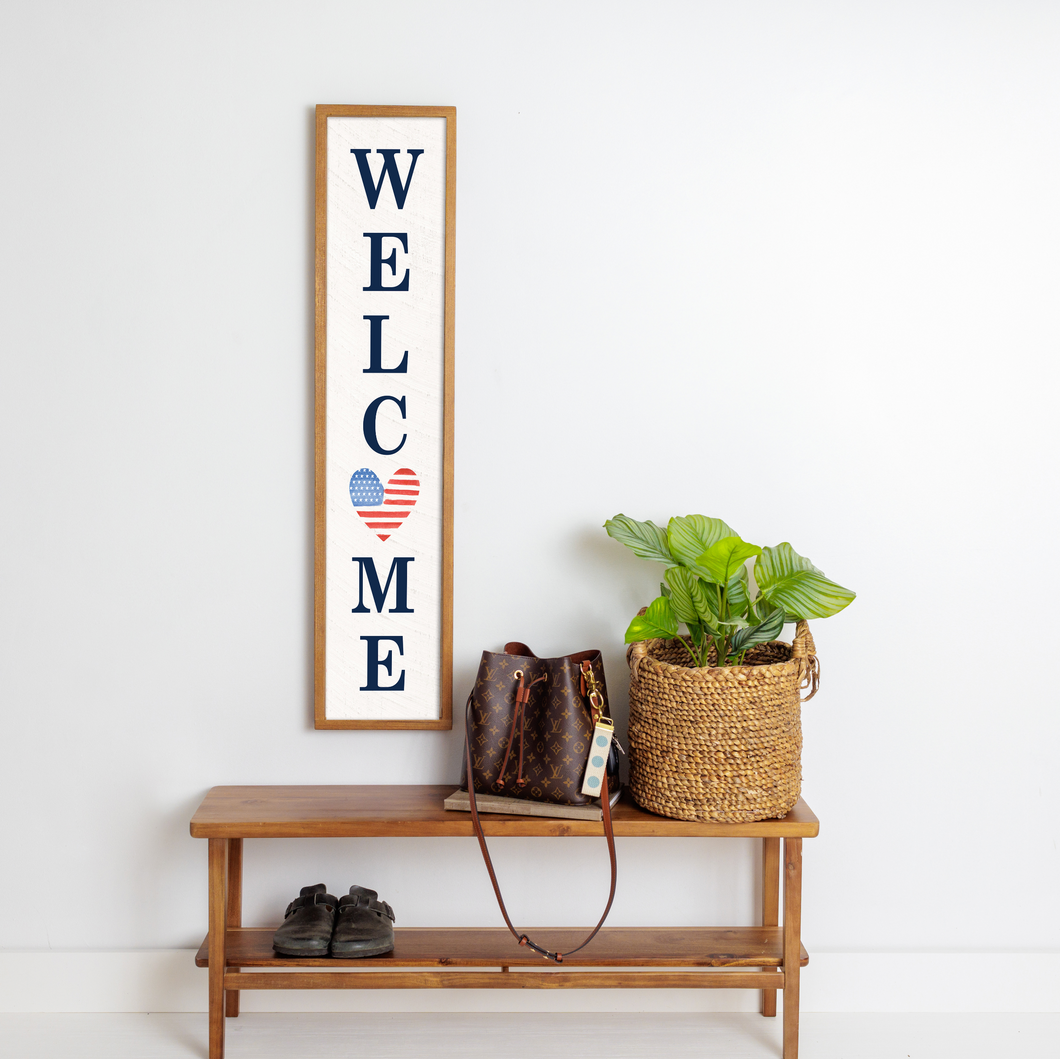Welcome Watercolor Flag Heart Framed Barn Wood Sign