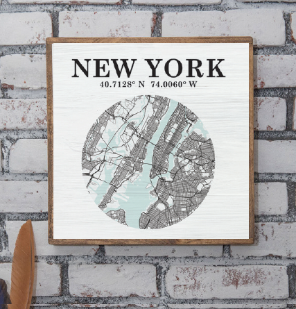 City Map & Coordinates 24” x 24” Wall Art