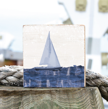 Indigo Sailboat Decorative Wooden Block