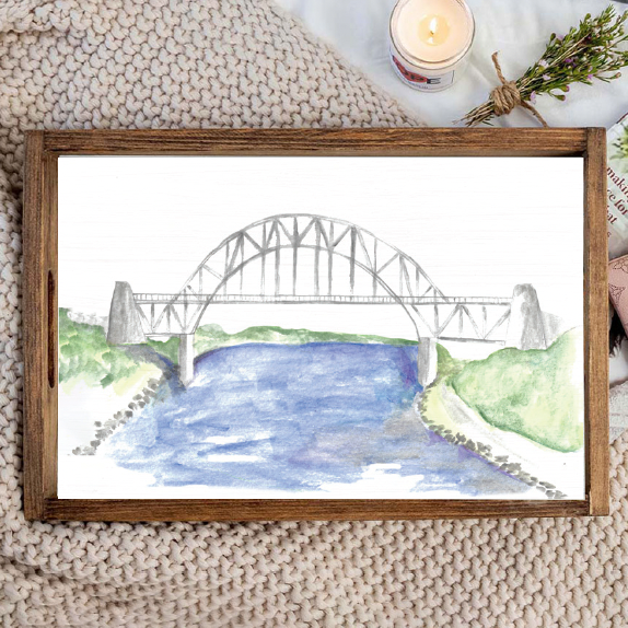 Watercolor Bridge Wooden Serving Tray