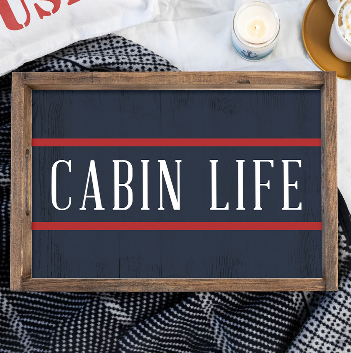 Personalized Navy/Red Stripe Wooden Serving Tray