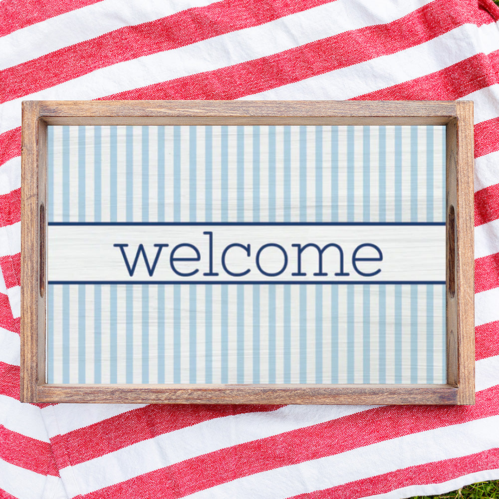 Personalized Light Blue Stripes Wooden Serving Tray