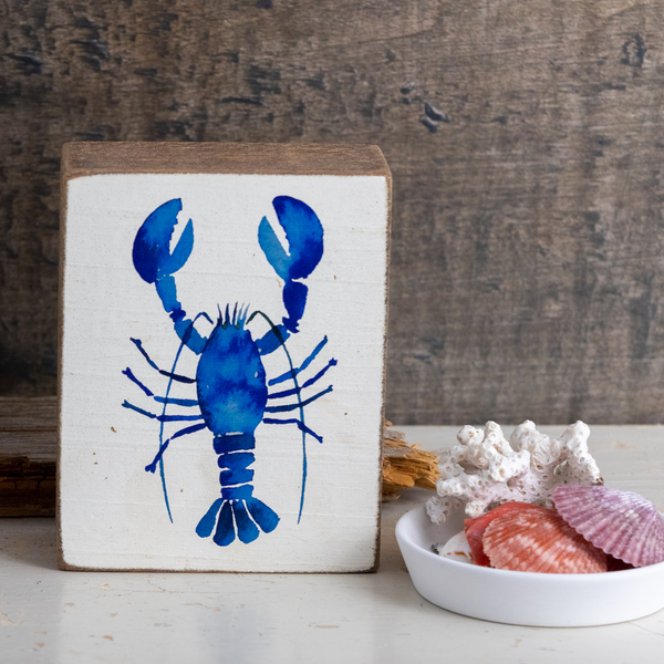 Watercolor Blue Lobster Decorative Wooden Block